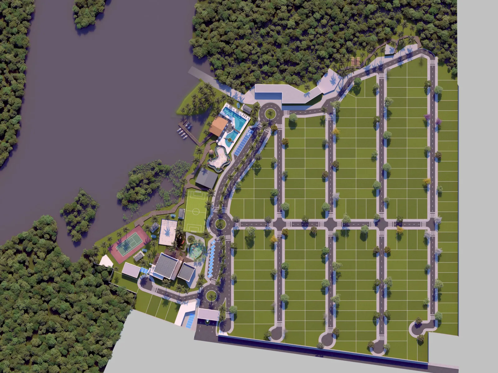 Prévia do master plan do Rios Village: lotes, ruas, área de lazer com piscinas, quadras e píer às margens do rio.