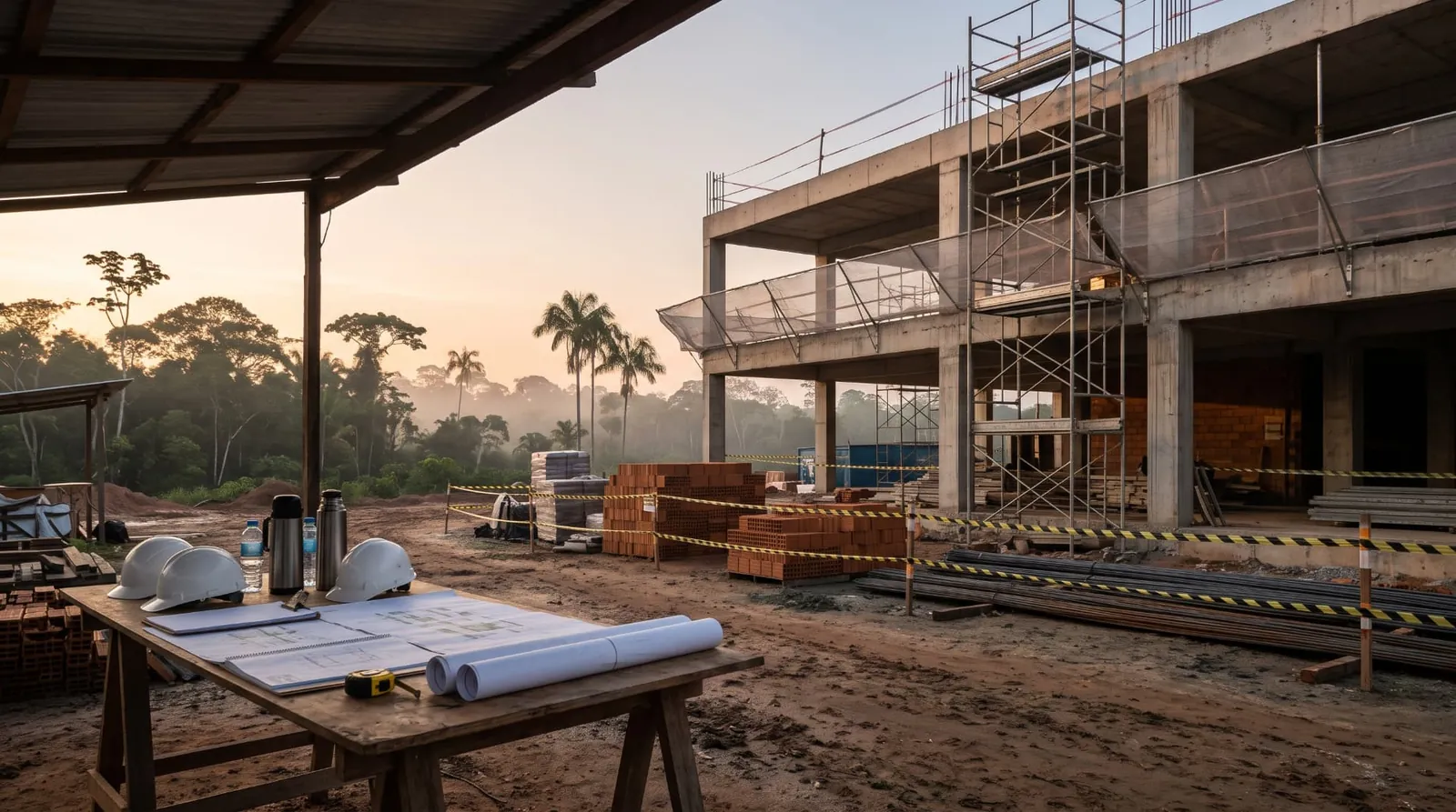 Canteiro de obras organizado ao amanhecer, com estrutura de concreto e capacetes sobre a mesa de projeto.