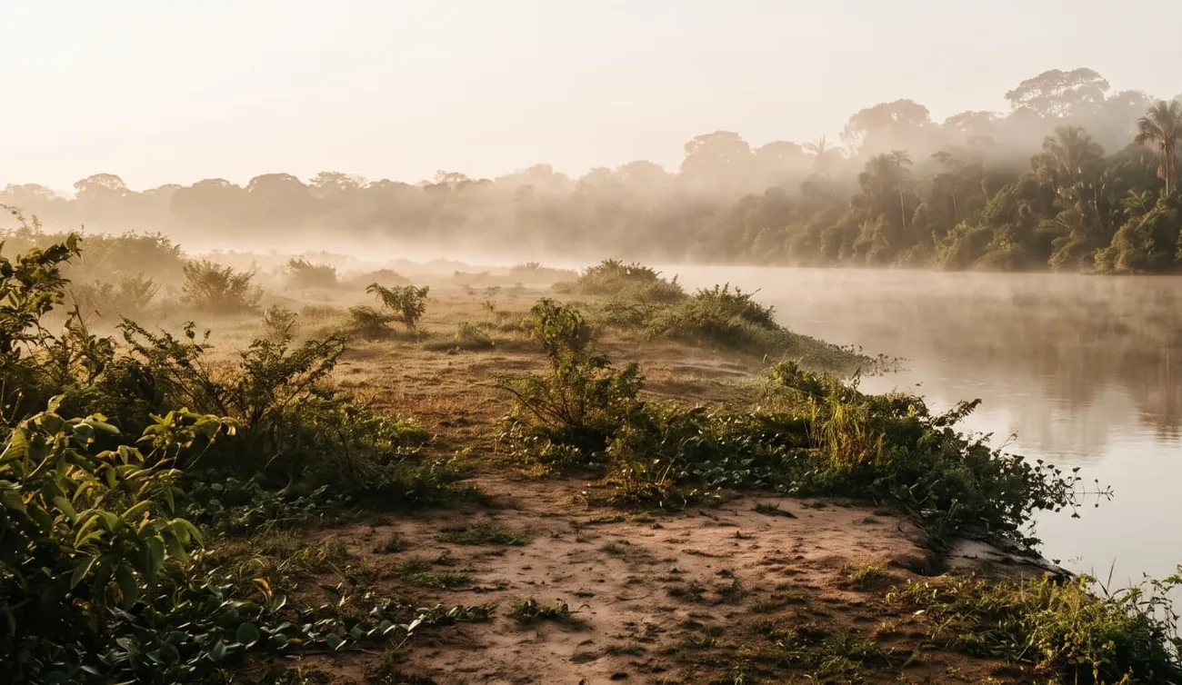 Terreno ainda sem construção à beira de um rio, ao amanhecer, com névoa baixa.
